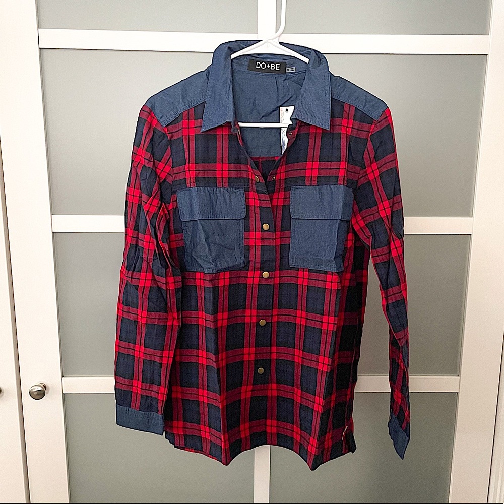 Plaid and Denim Button Down Long Sleeve Top